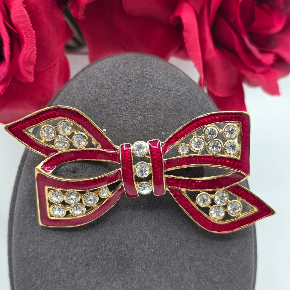 Red Enamel and Rhinestone Bow Brooch Gold Tone Holiday Pin Christmas Glamorous